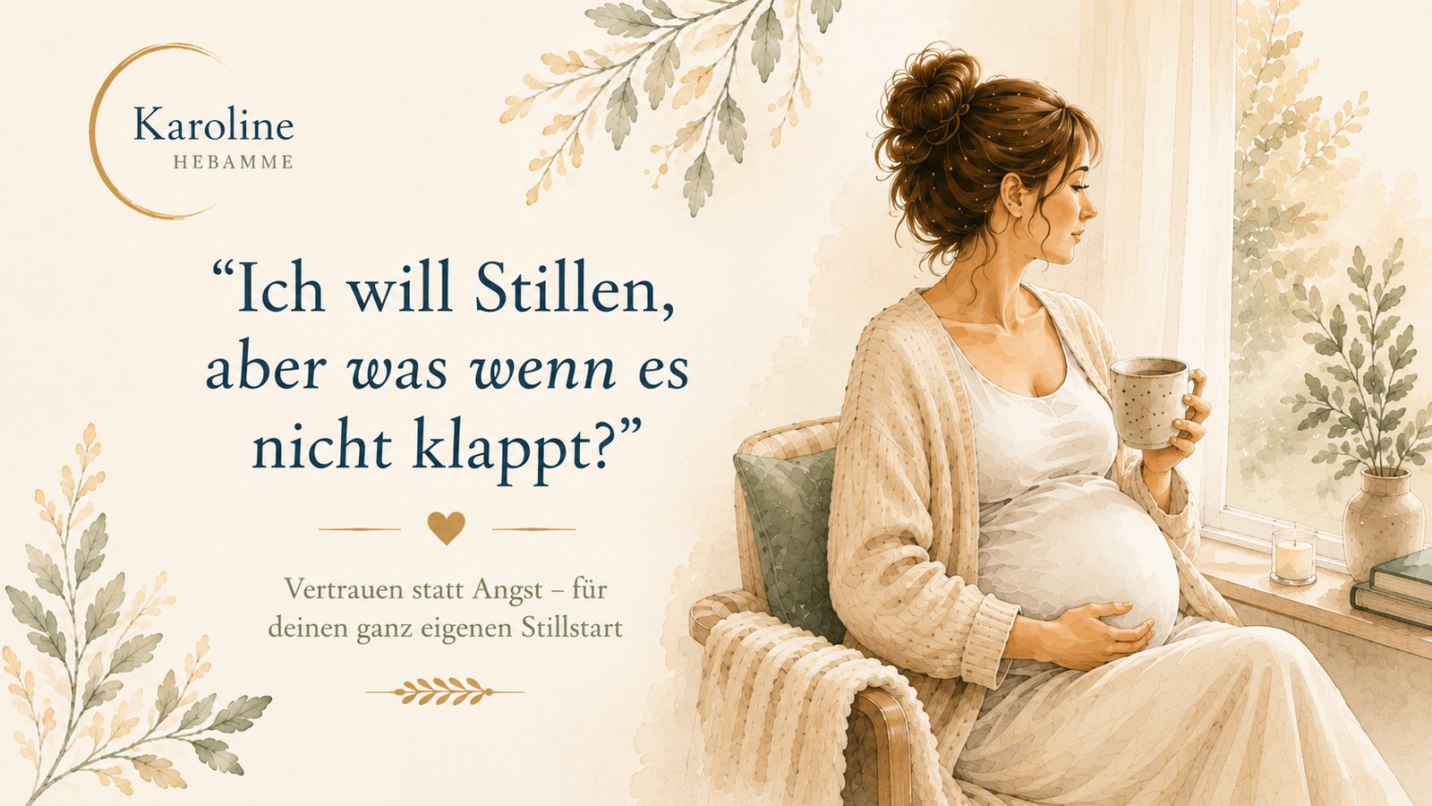 Schwangere Frau sitzt entspannt am Fenster mit einer Tasse Tee, dazu der Titel: Ich will stillen, aber was wenn es nicht klappt? Vertrauen statt Angst, für deinen ganz eigenen Stillstart.